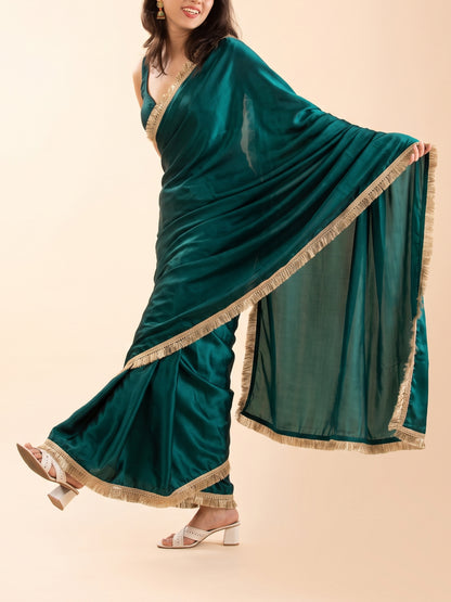 Pre-draped emerald green saree with golden gota patti border, petite length for short girls