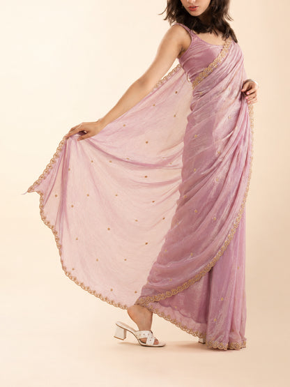 Bollywood style powder pink saree for petite Indian women with adjustable waist