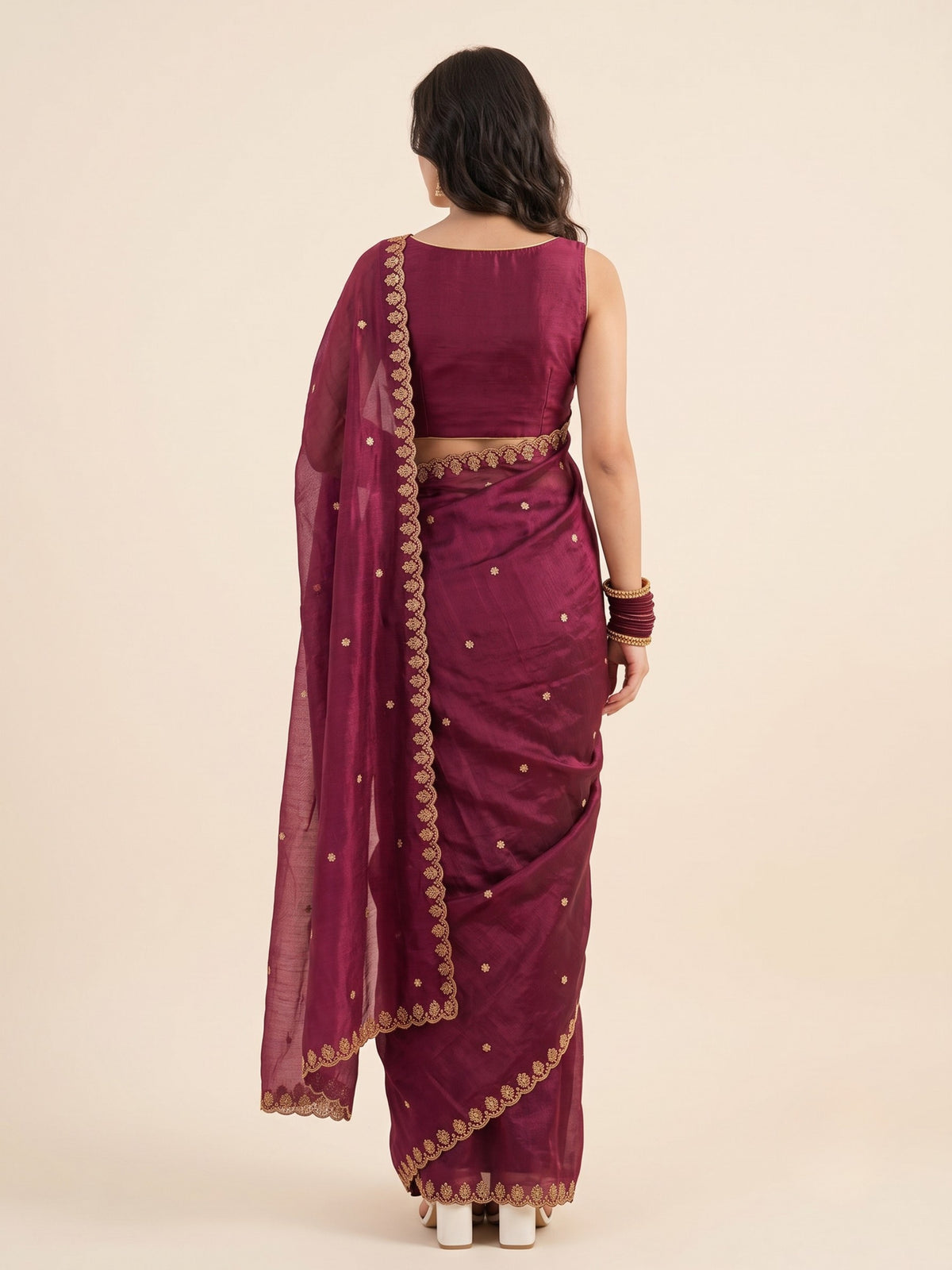Pre-draped wine magenta saree with golden embroidered scalloped border, petite length for short girls