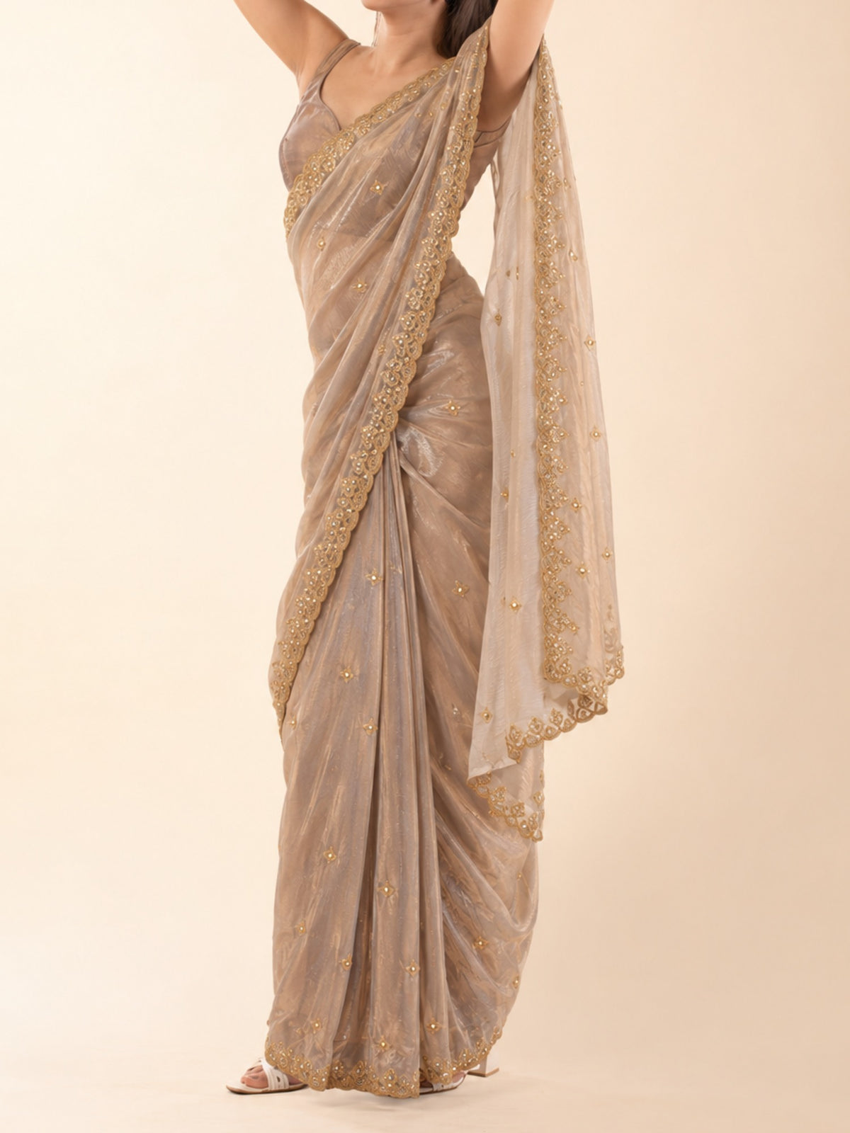 Bollywood style champagne beige saree for petite Indian women with adjustable waist