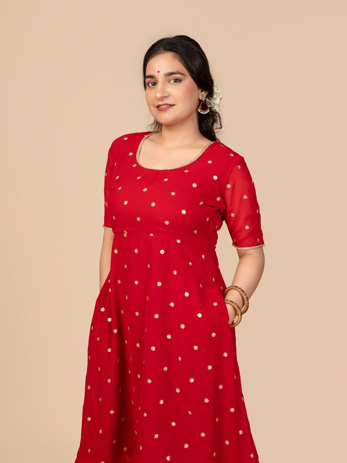 Red anarkali kurta set for women under 160 cm, no alterations needed