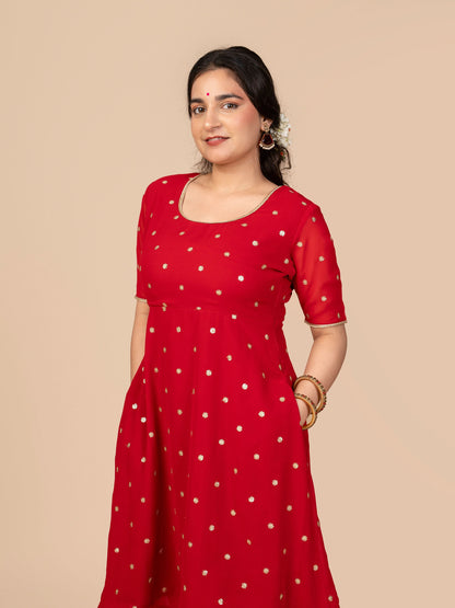 Red anarkali kurta set for women under 160 cm, no alterations needed