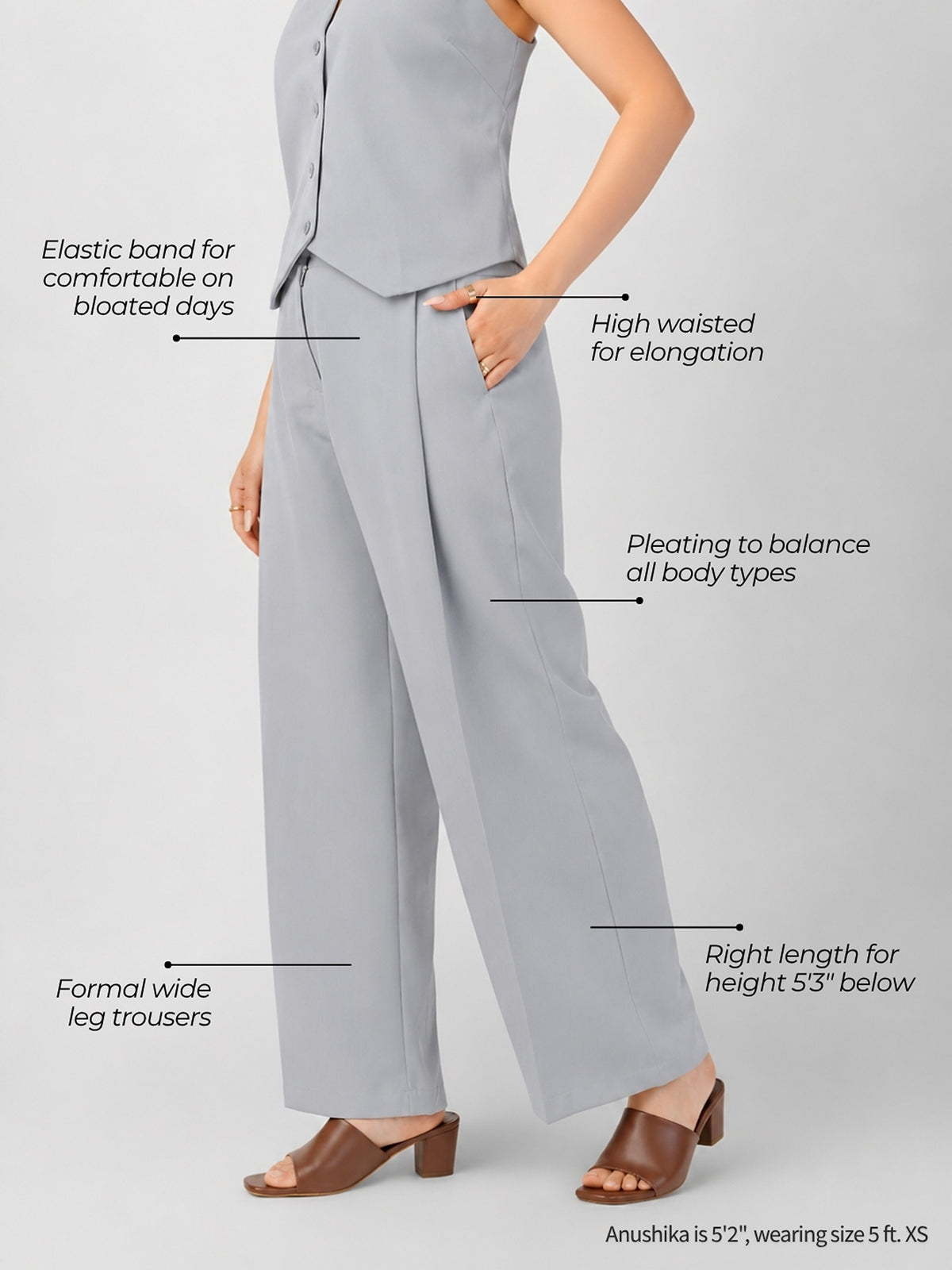 Grey wide-leg trousers for women 5 feet 3 and under: elastic waistband, high waist, pleats, right length