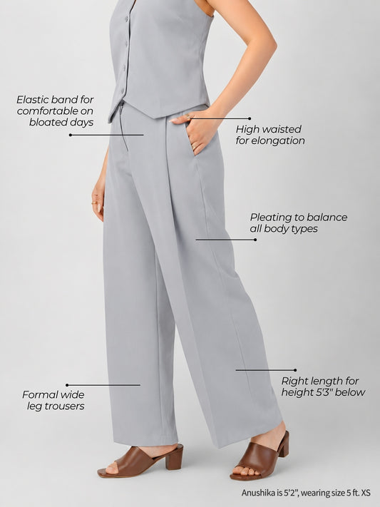 Grey wide-leg trousers for women 5 feet 3 and under: elastic waistband, high waist, pleats, right length