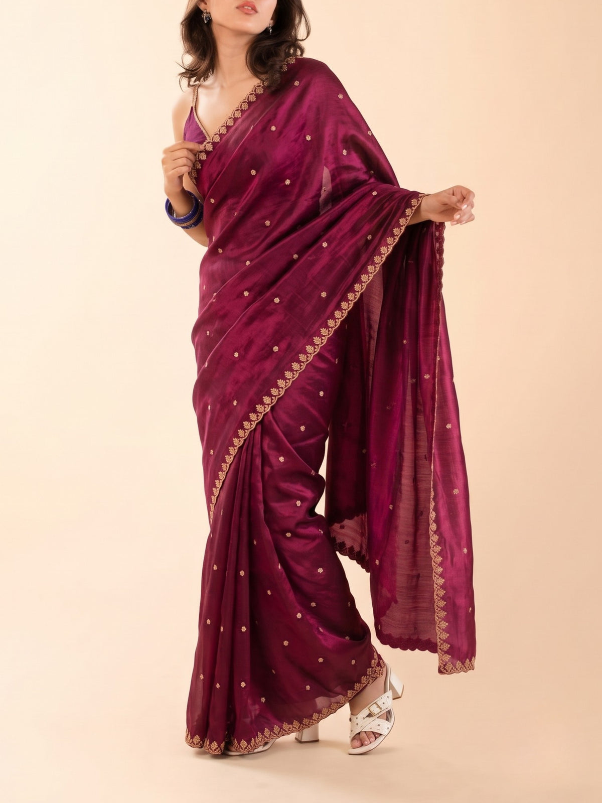 Diwali saree for women 5 feet and under, pre-stitched wine magenta with embroidered scalloped border