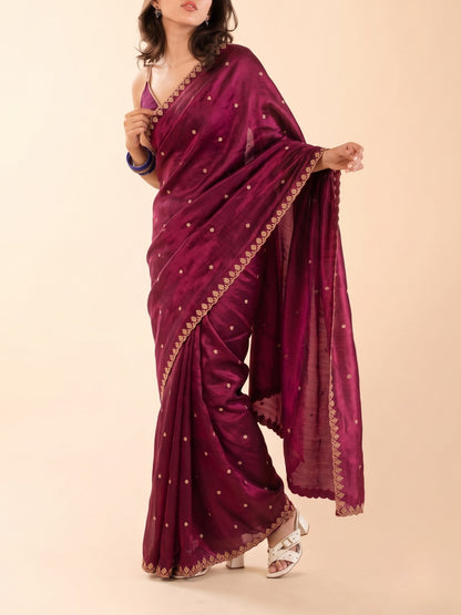 Diwali saree for women 5 feet and under, pre-stitched wine magenta with embroidered scalloped border