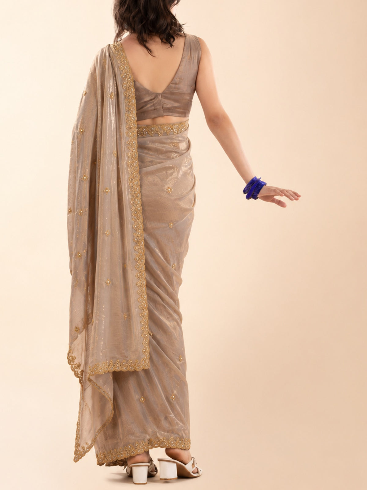 Champagne beige festive saree for short women, pre-draped and ready in minutes