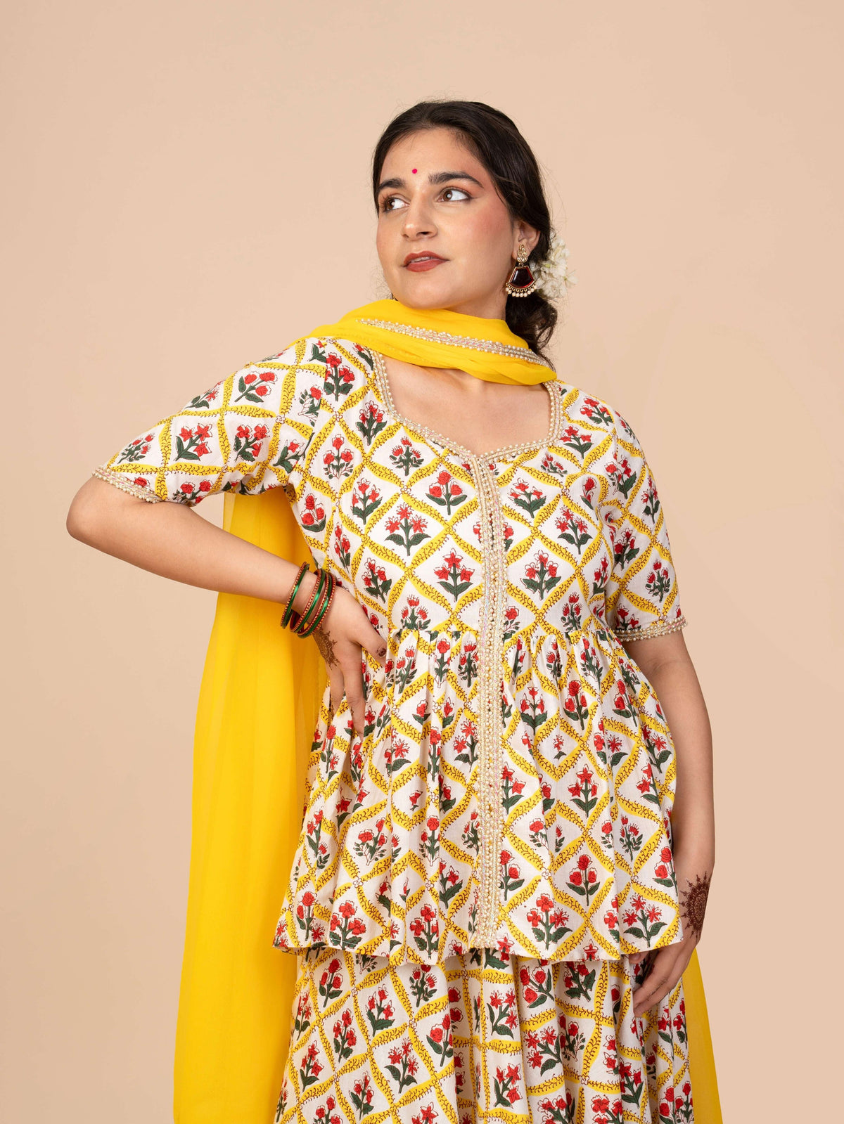 Comfortable yellow kurta anarkali set for plus size curvy women, festive