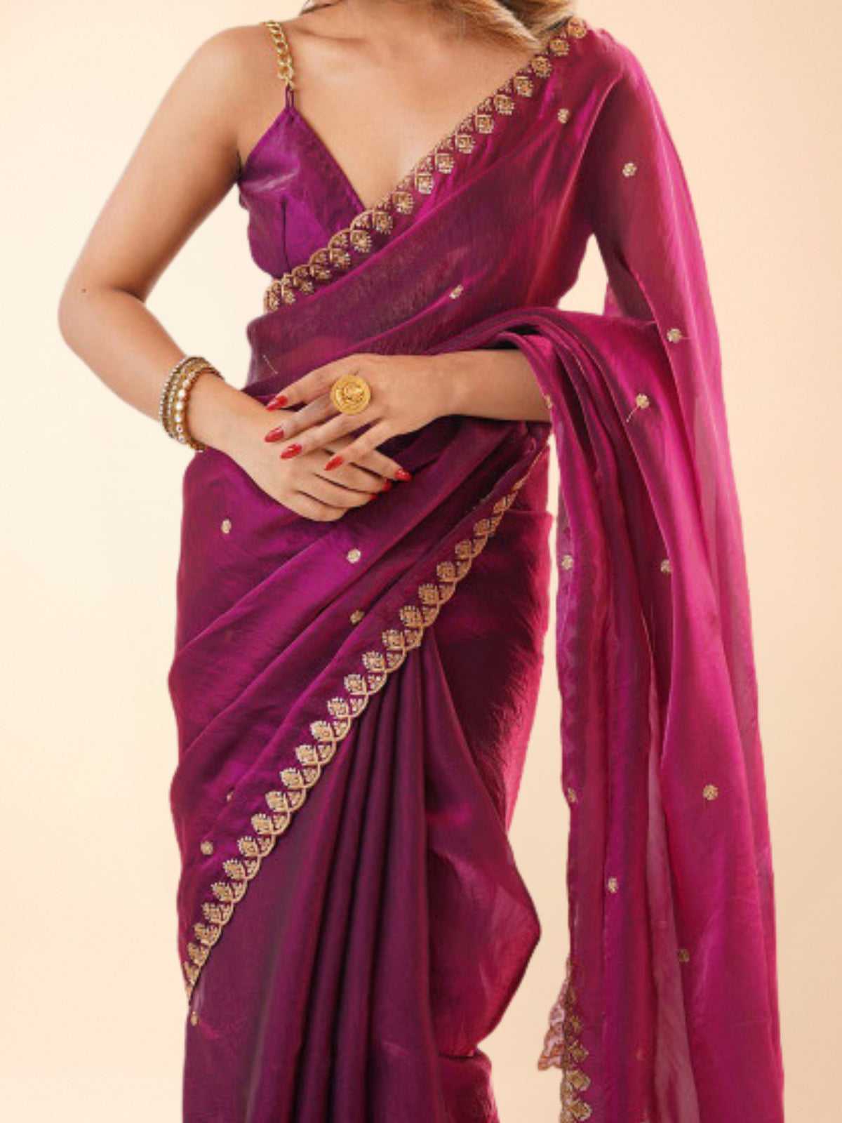 Wine magenta ready-to-wear saree for short height women, no draping needed