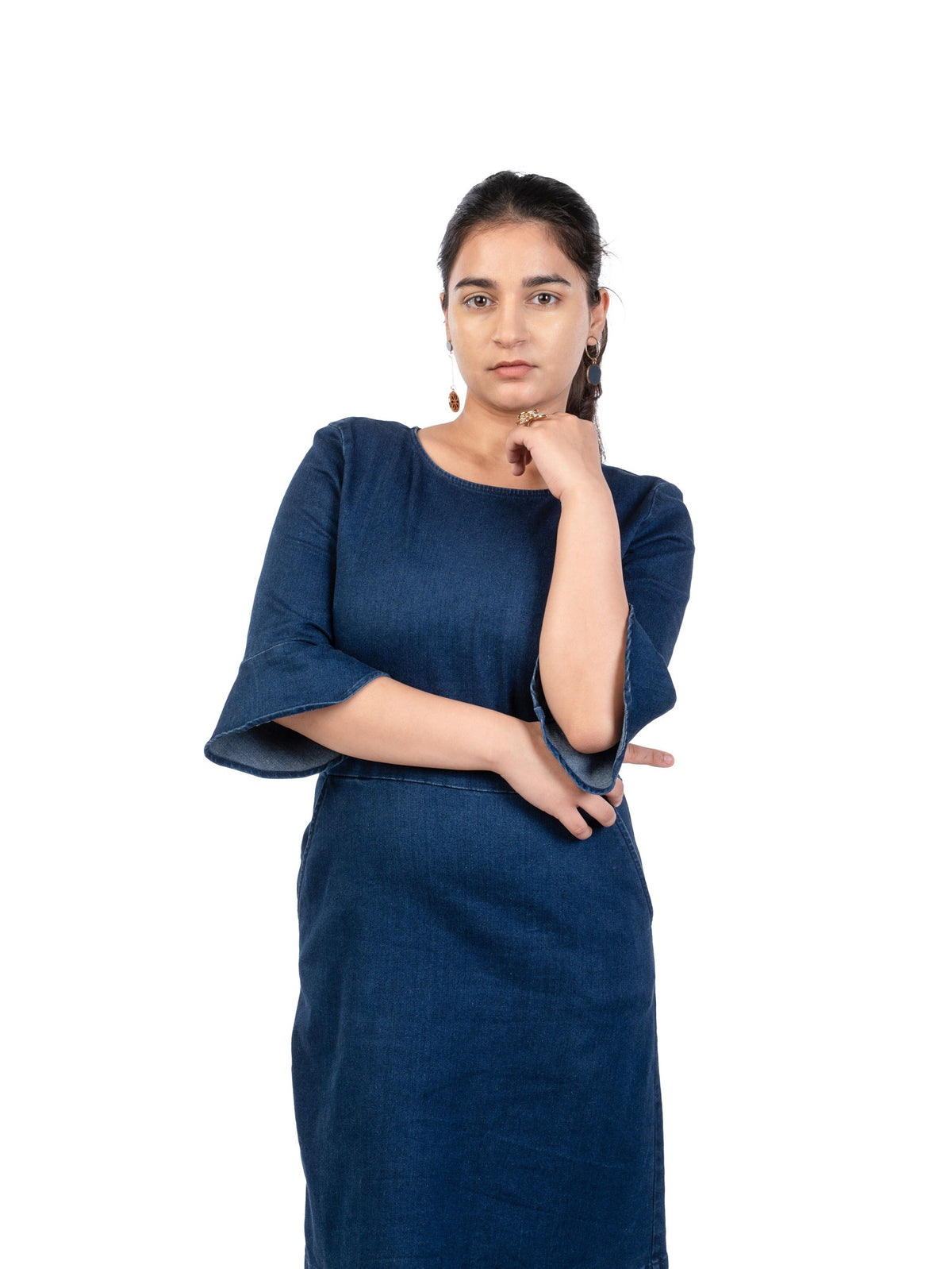 Dress for women 5 feet and under, denim knee-length everyday wear