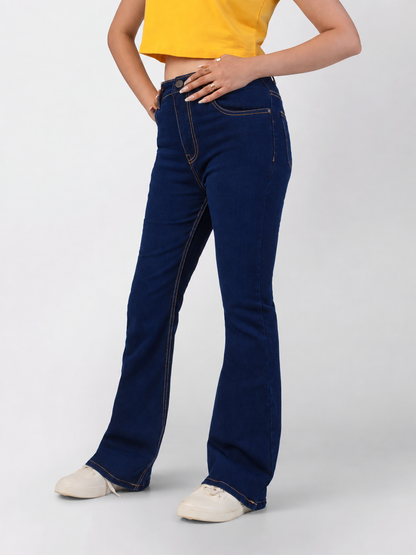 Dark blue bootcut jeans, high-waisted with front pockets, premium stretch denim