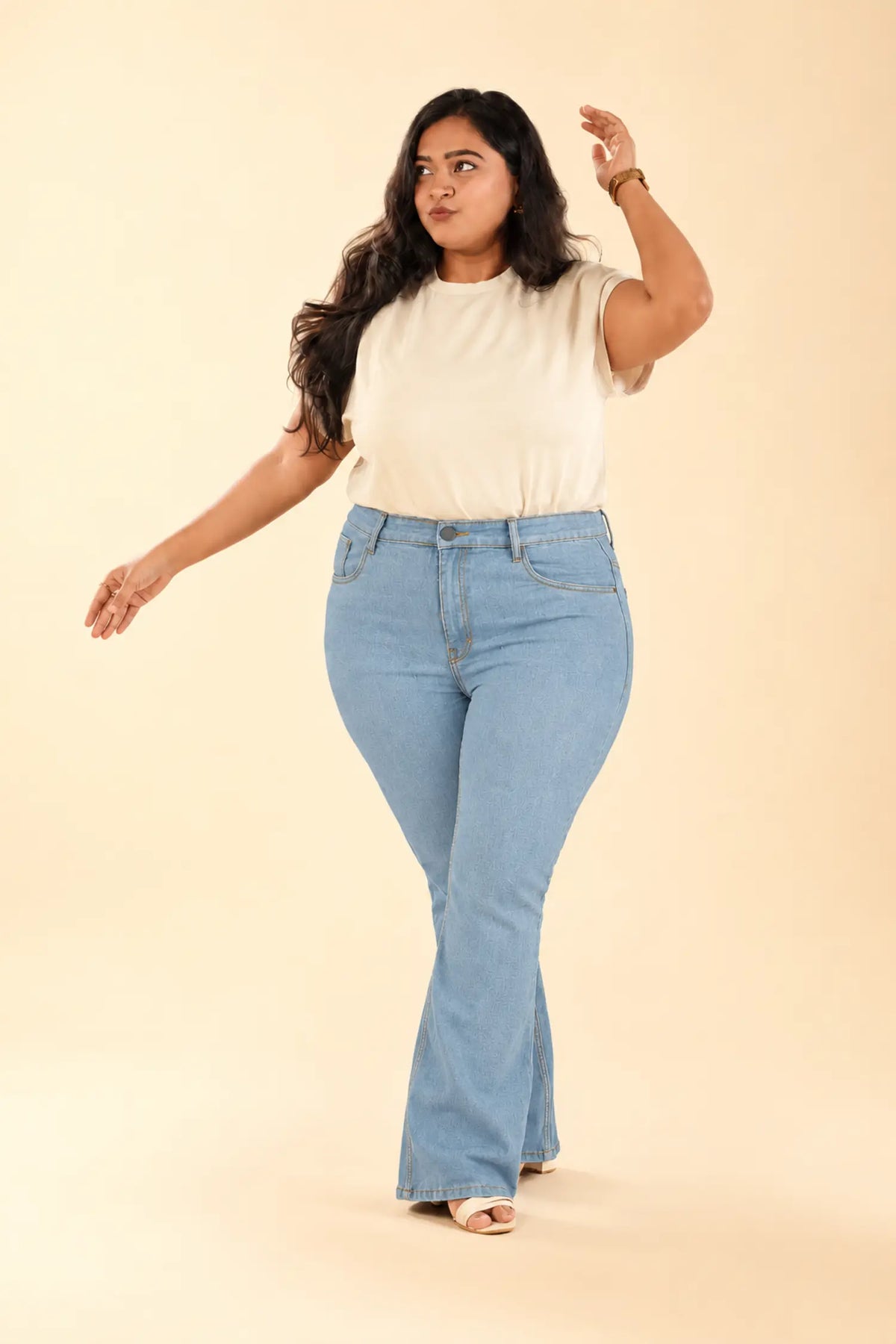 Curvy petite jeans in light blue bootcut, high-waisted fit for short and curvy Indian women