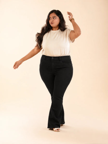 Black bootcut jeans that make you look slim for curvy Indian women, high-waisted