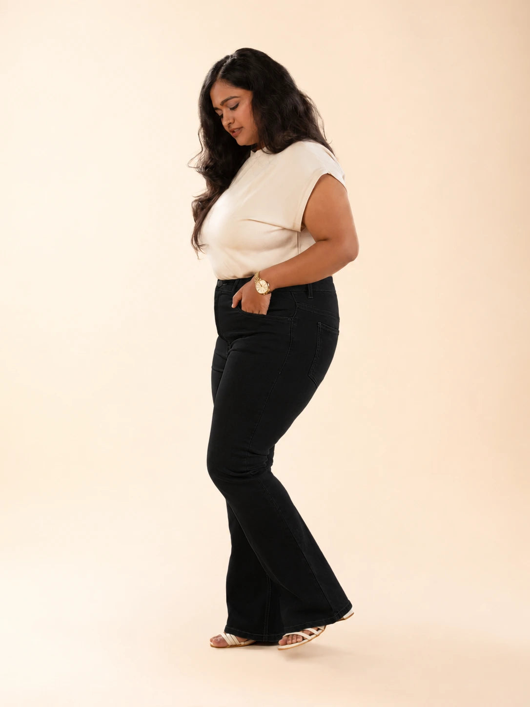 Black bootcut jeans for women 5 feet 2 inches and under, high-waisted premium denim