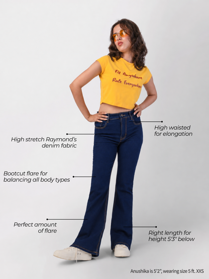 High-waisted dark blue bootcut jeans with flare, right length for petite women