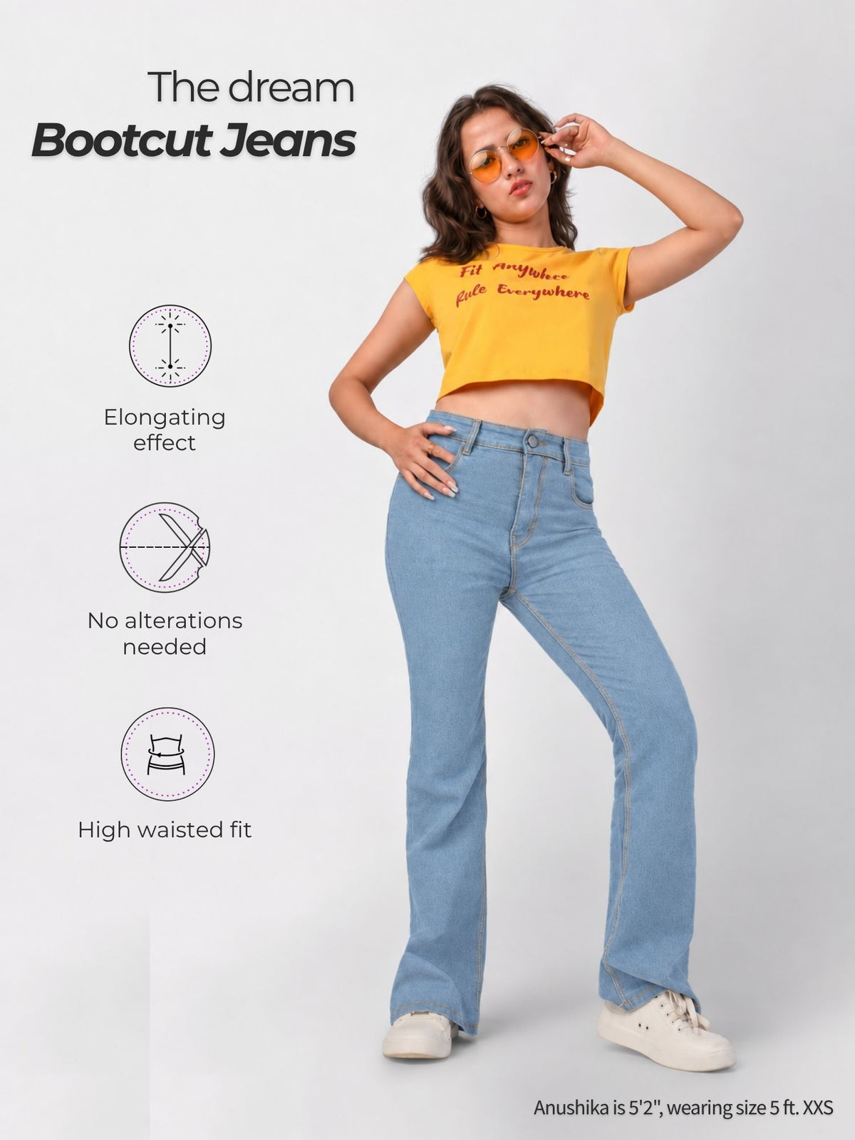 Petite light blue bootcut jeans for short height women, high-waisted, no alterations needed