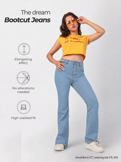 Petite light blue bootcut jeans for short height women, high-waisted, no alterations needed
