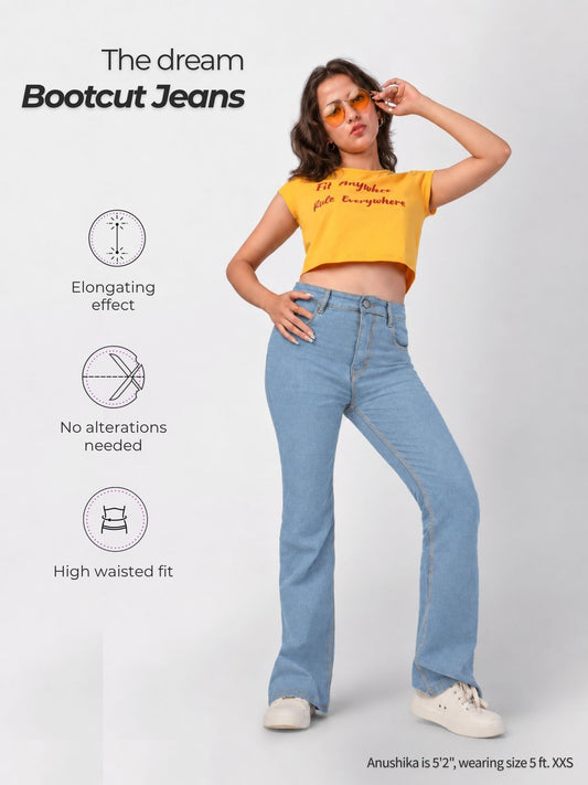 Petite light blue bootcut jeans for short height women, high-waisted, no alterations needed