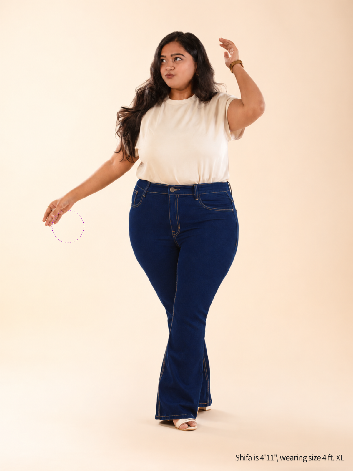 Dark blue bootcut jeans for curvy Indian women, flattering high-waisted fit