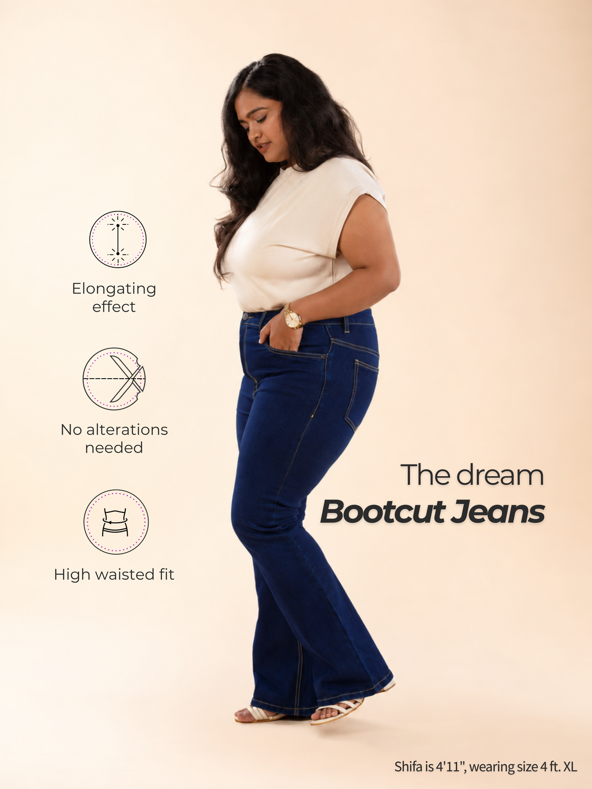 Dark blue bootcut jeans for short height women, high-waisted, no alterations needed
