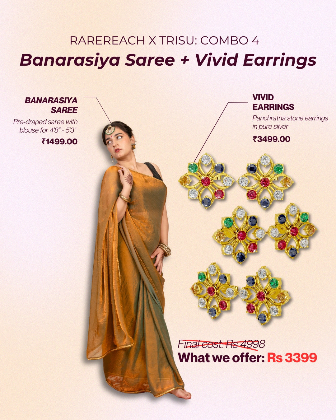 Trisu x RareReach Combo : The Banarasiya Saree + Vivid Earrings
