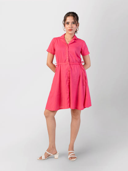 Pink Midi Shirt Dress for Short Women 4'8