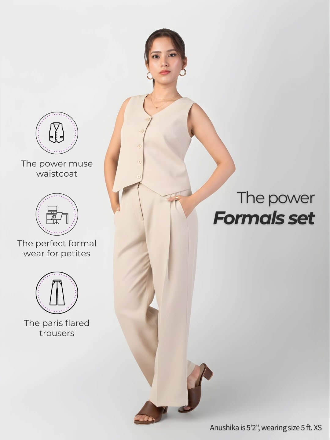 Side view of beige petite formal blouse for short height women