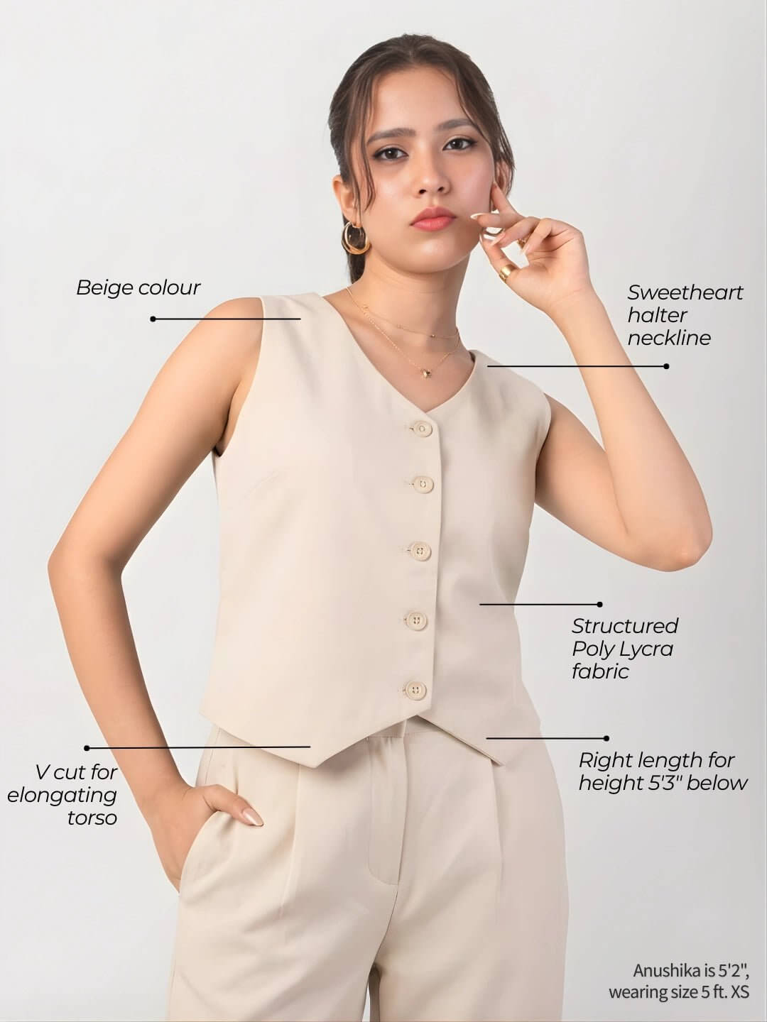 Beige formal top combo for short women showing proportioned sleeves