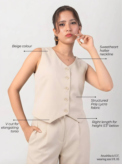 Beige formal top combo for short women showing proportioned sleeves